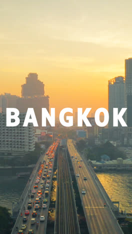 Vertical-Video-Drone-Shot-Of-Thai-City-Skyline-At-Sunset-Overlaid-With-Animated-Graphic-Spelling-Out-Bangkok